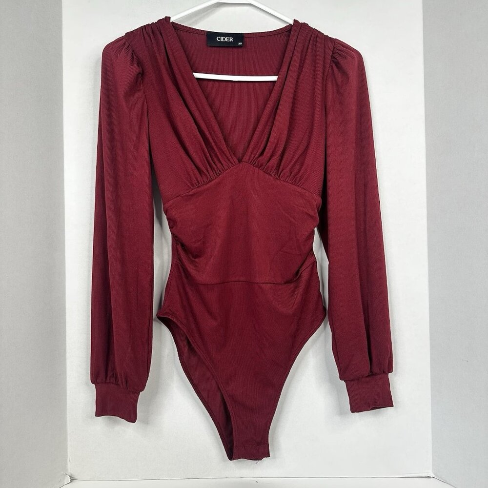 Cider Bodysuit Maroon Wine Ribbed Jersey Knit Ruched Long Sleeves XS Deep V-neck